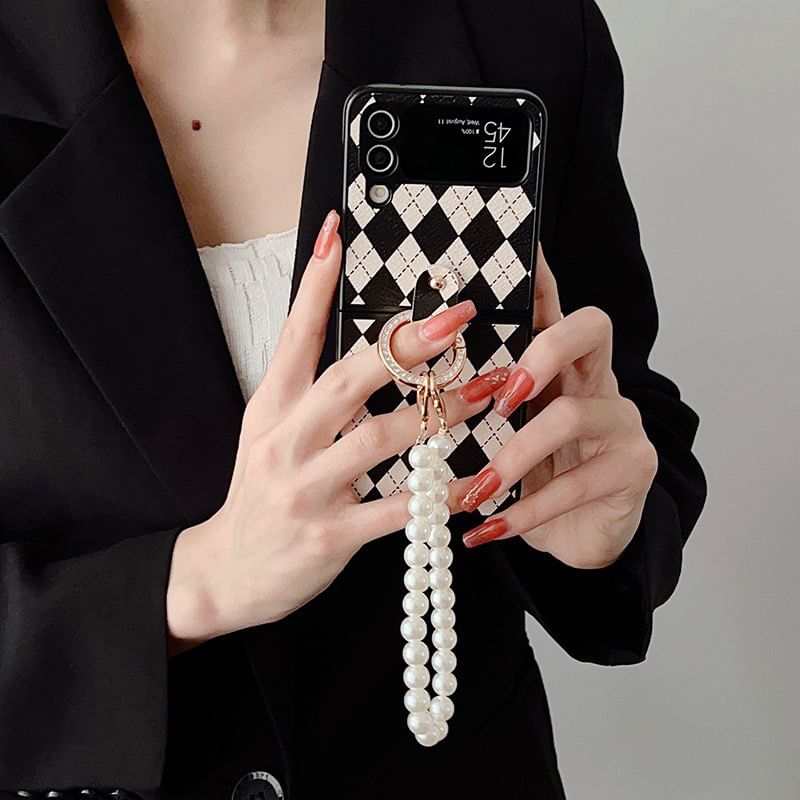 Phone Pearl Case Faux Strap Argyle
