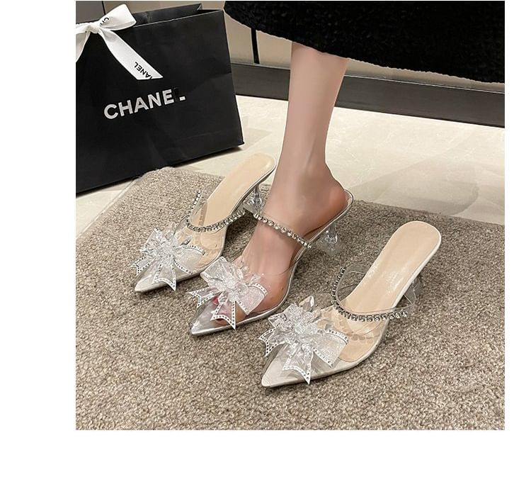 Rhinestone Kitten Heel Mules Bow Pointed