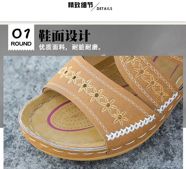 Platform Sandals Slide Flower Wedge Embroidered
