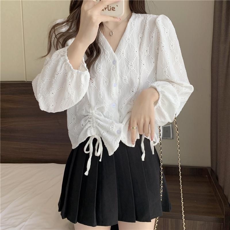 Blouse Eyelet Plain Long-Sleeve V-Neck Drawstring