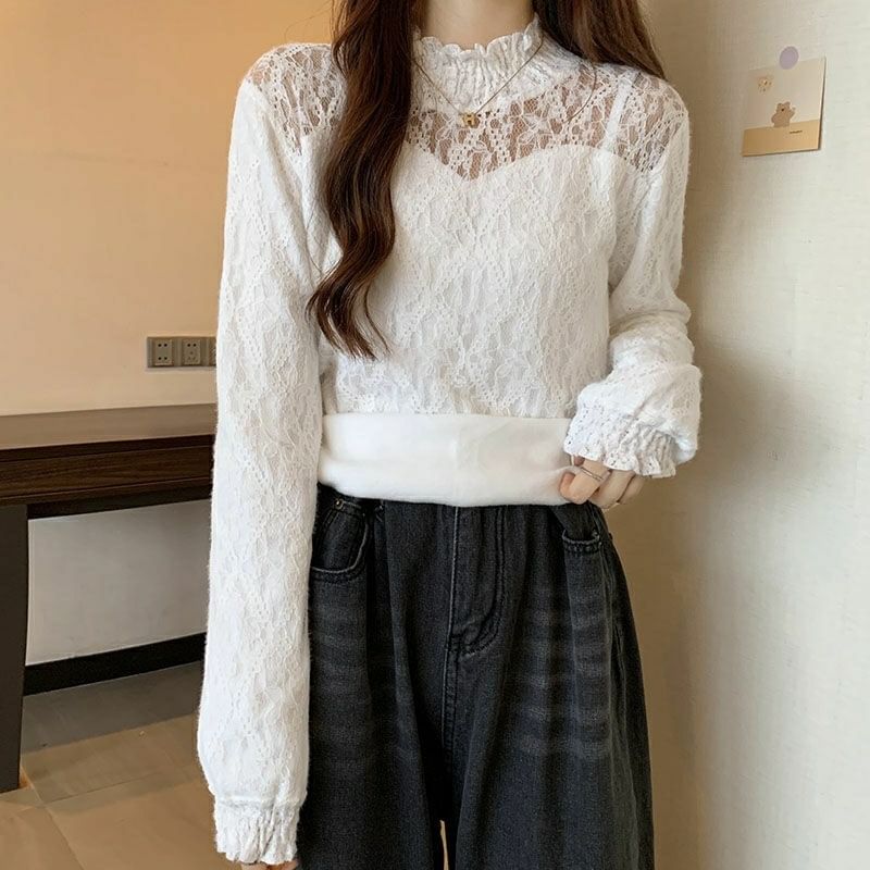 Plain Neck Top Mock Long-Sleeve Lace
