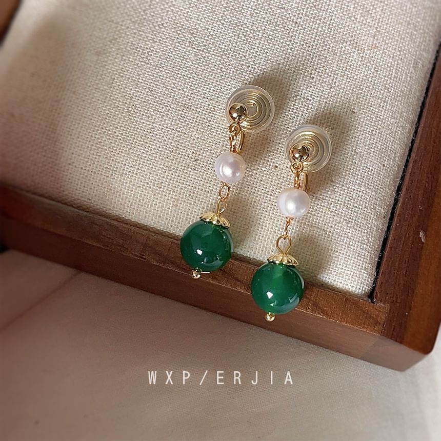 Faux Clip-On Drop Gemstone Earring Pearl