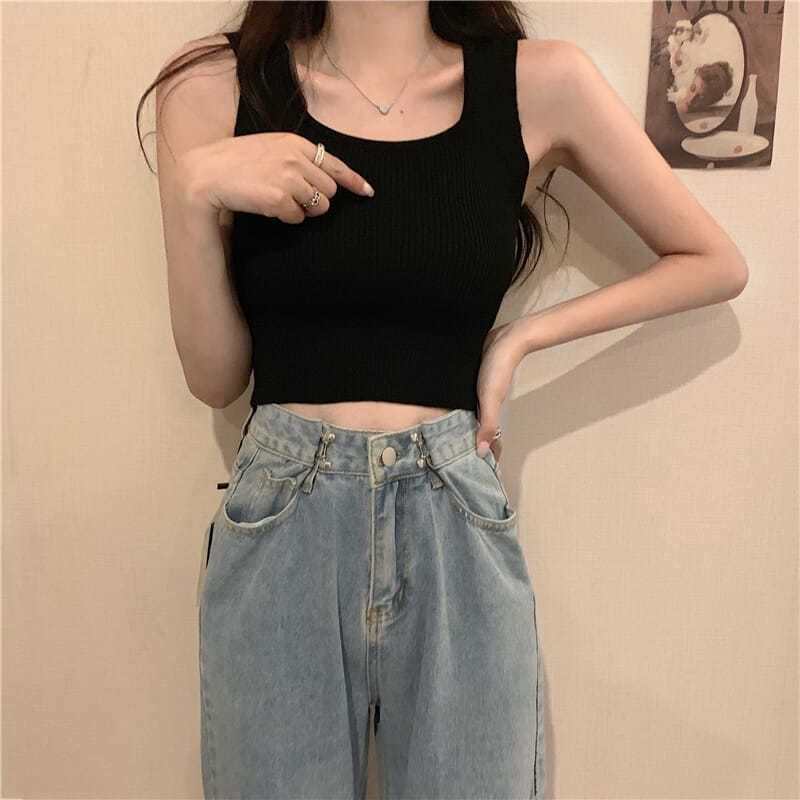 Top Plain Square Tank Neck Ribbed Knit