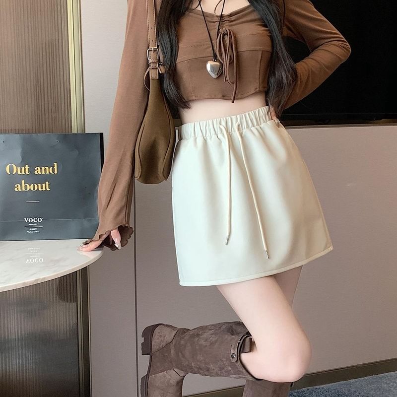 Drawstring Mini Faux Leather Skirt Plain A-Line Waist