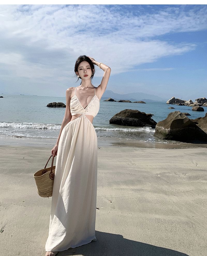 Spaghetti Plain Cutout V-Neck Dress A-Line Maxi Strap