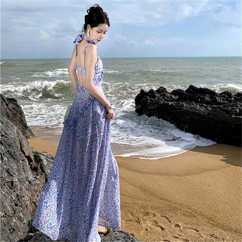 Midi Dress A-Line Strap Floral Spaghetti Print