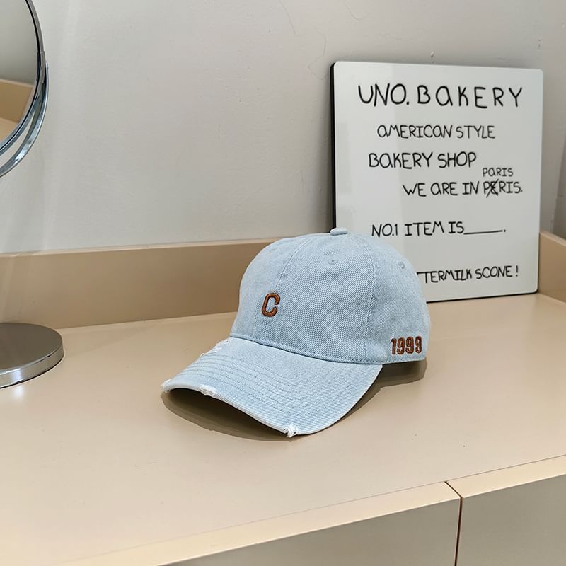 Distressed Denim Cap Baseball Lettering Embroidered