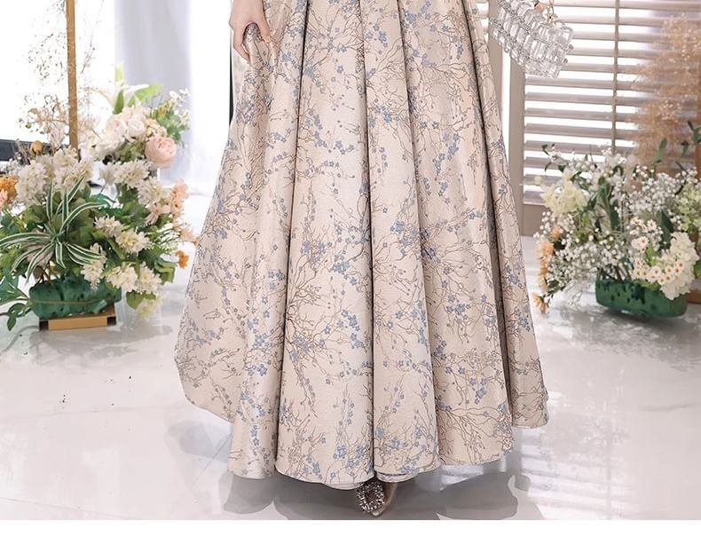 Gown Evening Puff-Sleeve A-Line Floral