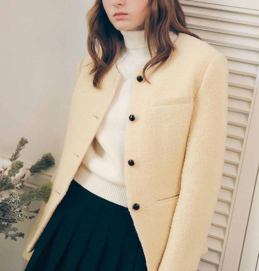 Round-Neck Woolen Button Jacket (Yellow)