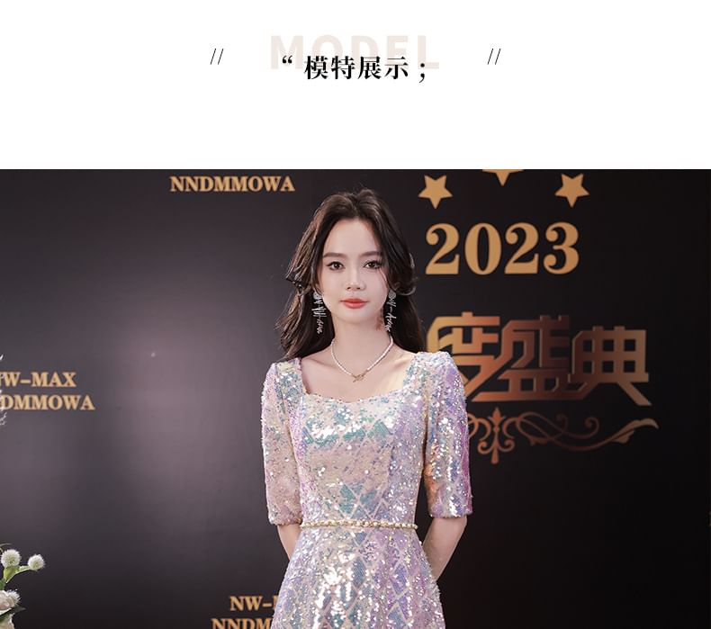 Elbow-Sleeve Dress Neck A-Line Maxi Iridescent Scoop