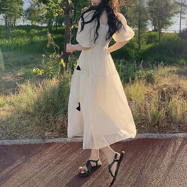 Bow Plain Square Midi Sundress Neck Puff-Sleeve