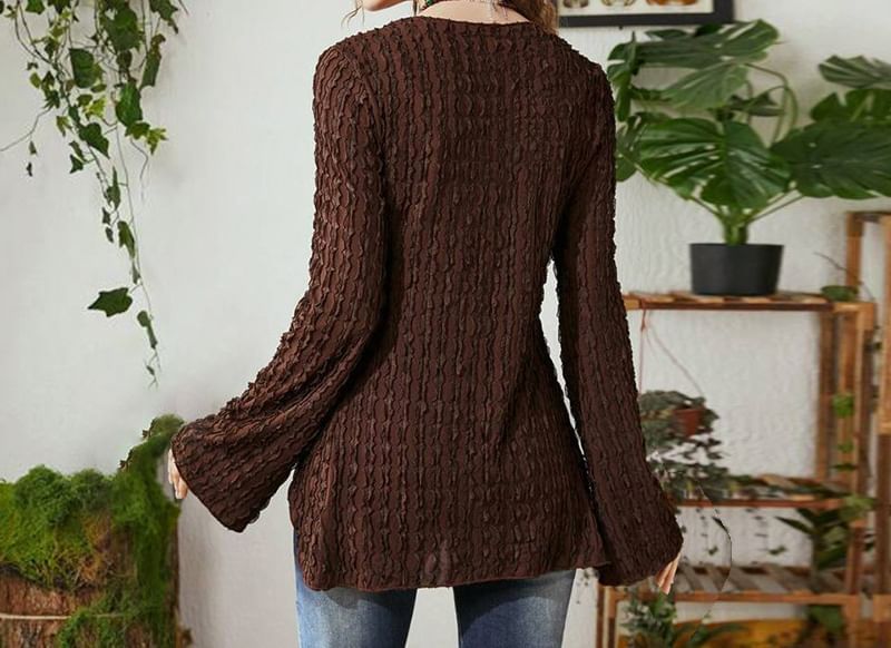 Front Long-Sleeve Butterfly Print V-Neck Crop Top Ribbon