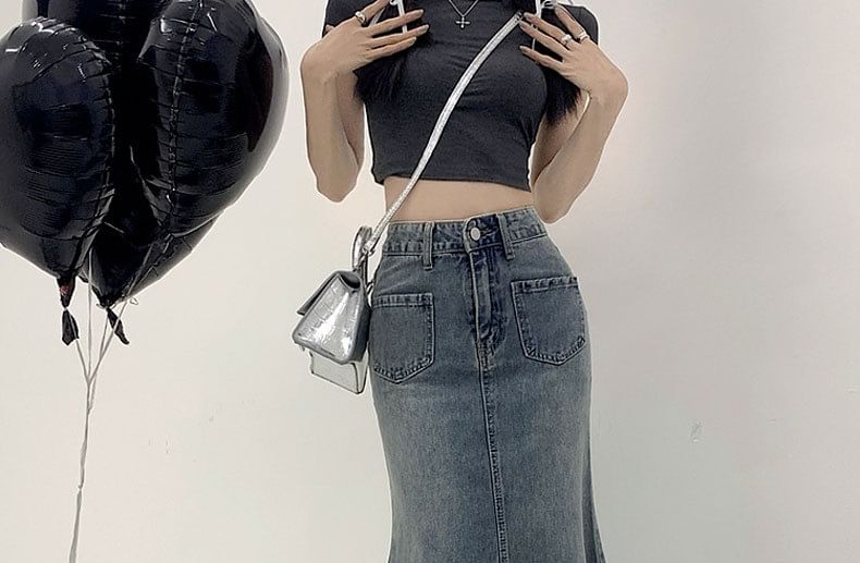 Mermaid Denim High Fray Waist Washed Midi Skirt