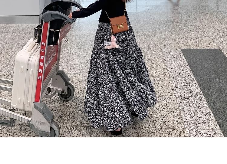 Waist Floral Skirt Midi A-Line Elastic