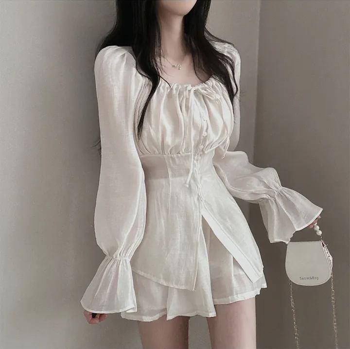 Puff-Sleeve Square-Neck Blouse and A-Line Mini Skirt Set