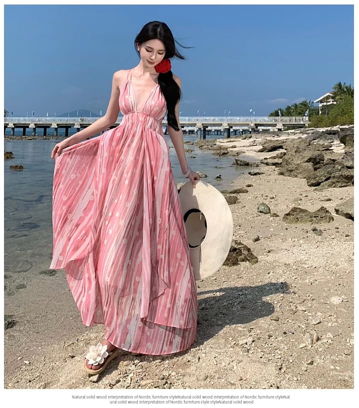 Maxi Strap A-Line V-Neck Patterned Dress Spaghetti