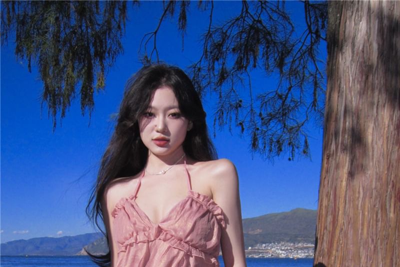 Trim Plain A-Line Halter Maxi Ruffle Dress V-Neck