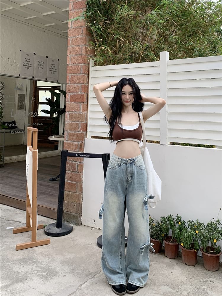 Wide Leg Washed Bow Waist Jeans Mid