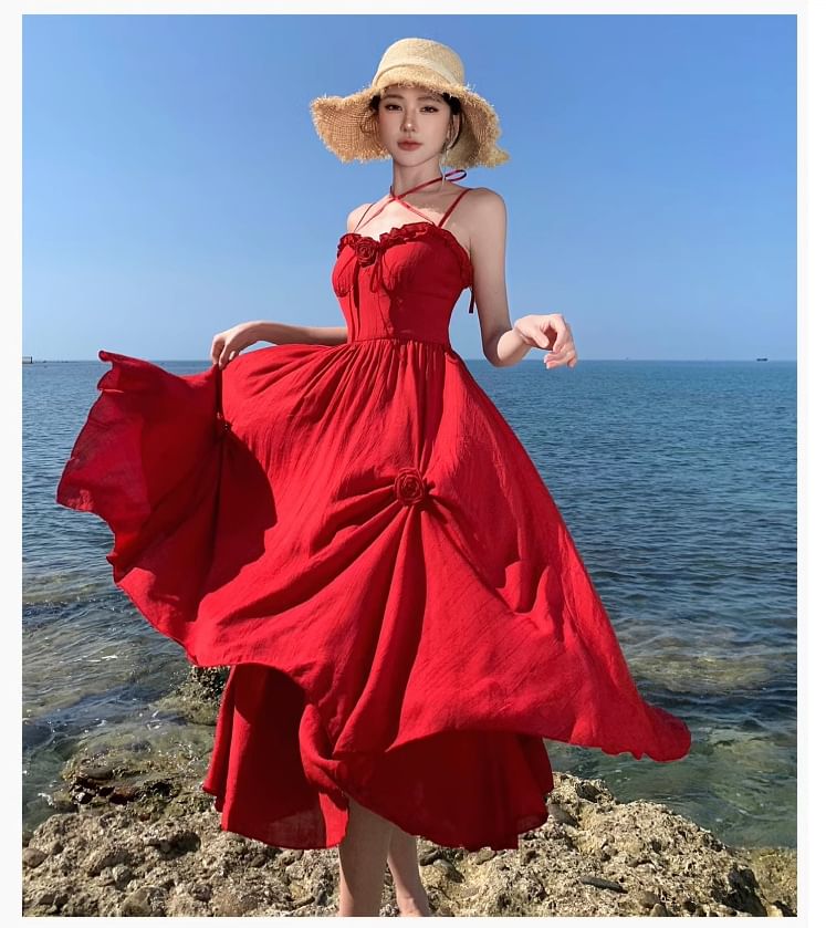 Detail Flower Plain Spaghetti Sundress Maxi Strap Ruffle