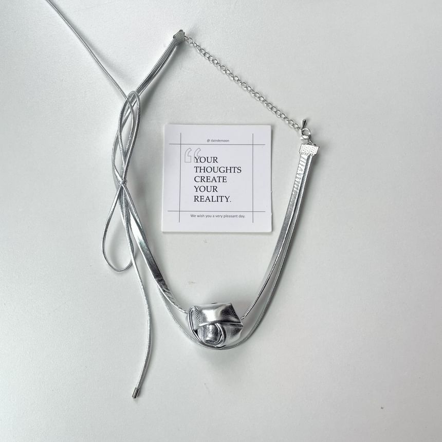 Layered Floral Bow Leather Choker Faux