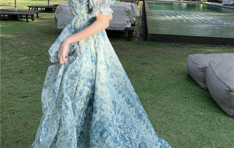 Maxi Off-Shoulder Print Ruffle Puff-Sleeve Trim Dress A-Line Floral Slit