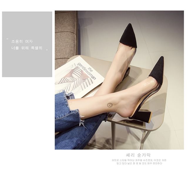 Panel Mules Transparent Toe Block Heel Pointed