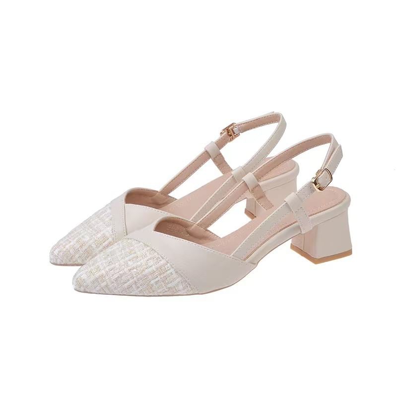 Pointed Slingback Tweed Block Pumps Heel Toe Panel