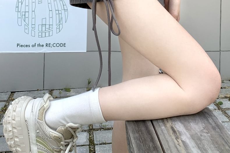 High Waist Washed Lace-Up Denim Cargo Hot Pants