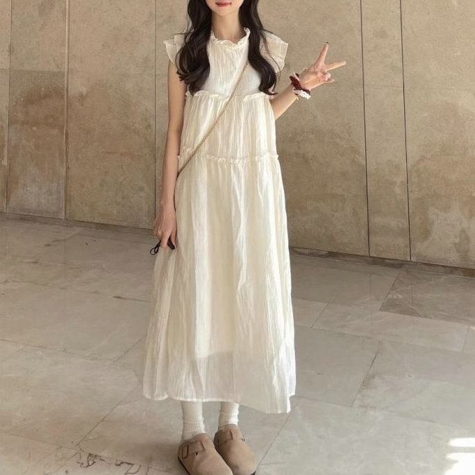 Plain Cap-Sleeve Midi A-Line Dress Sheer