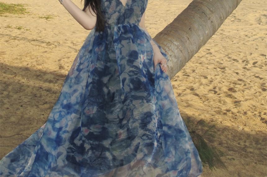 Print Dress Dye Tie Spaghetti A-Line V-Neck Strap Maxi