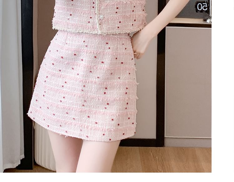 Set: Short-Sleeve Fringed Tweed Button Jacket + High Waist Mini A-Line Skirt