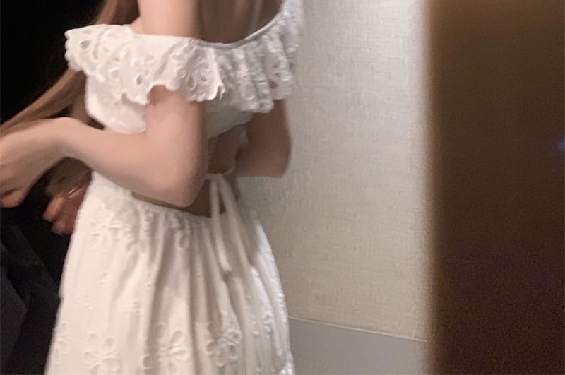 Off-Shoulder Ruffled Midi A-Line Eyelet Lace Dress