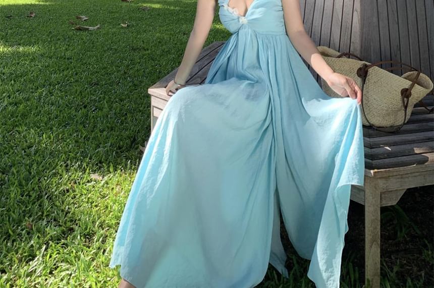 A-Line Open Dress Ruched Back Maxi Halter Plain Accent Floral Neck Layered