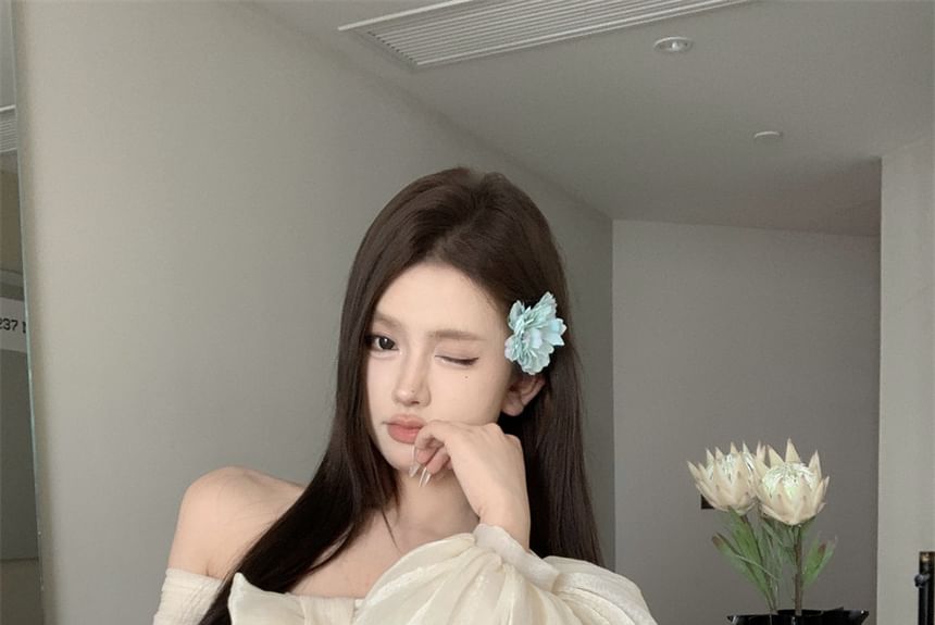 Tunic Long-Sleeve Off-Shoulder Dress Bow Ruched Accent Plain