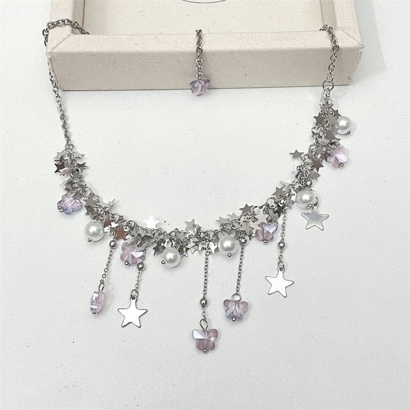 Faux Star Necklace Beaded Pearl