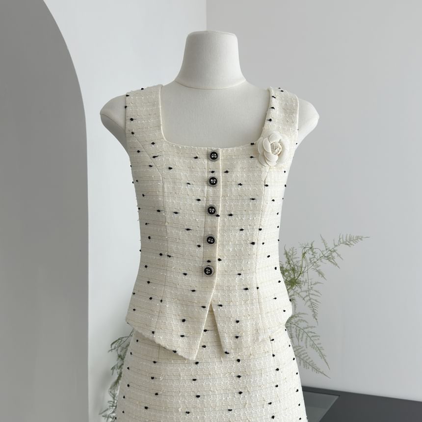 Set: Square Neck Tweed Button Vest + High Waist Mini A-Line Skirt