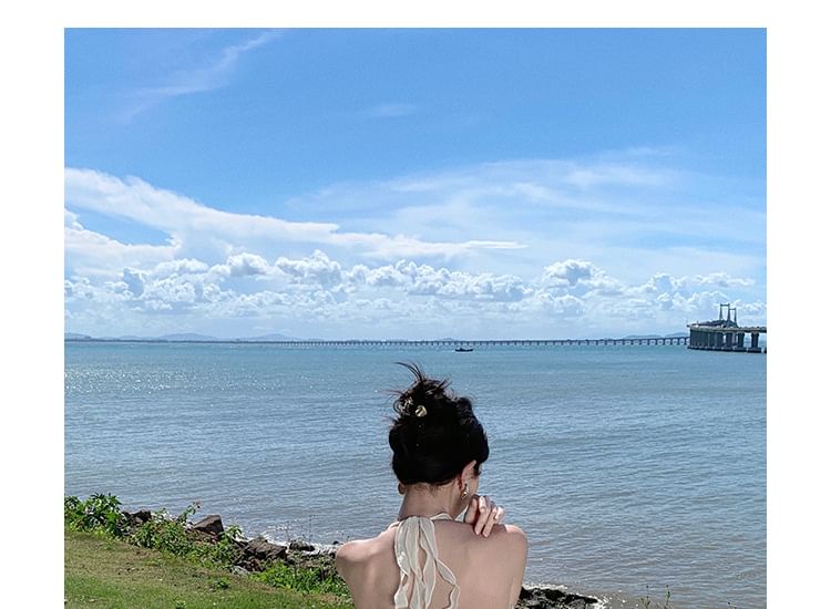 Maxi Plain Halter Dress Front-Slit V-Neck Ruffle A-Line