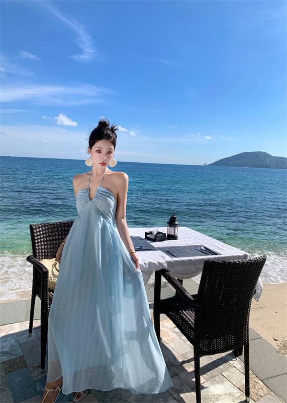 Maxi Dress Halter Plain Tie A-Line Back