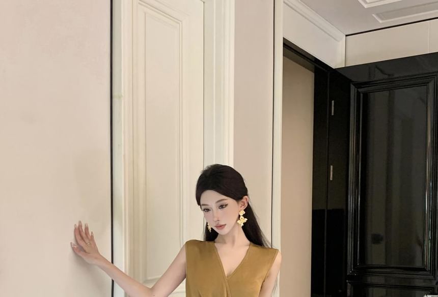 Sheath Slit Ruched Sleeveless V-Neck Wrap Plain Dress Maxi