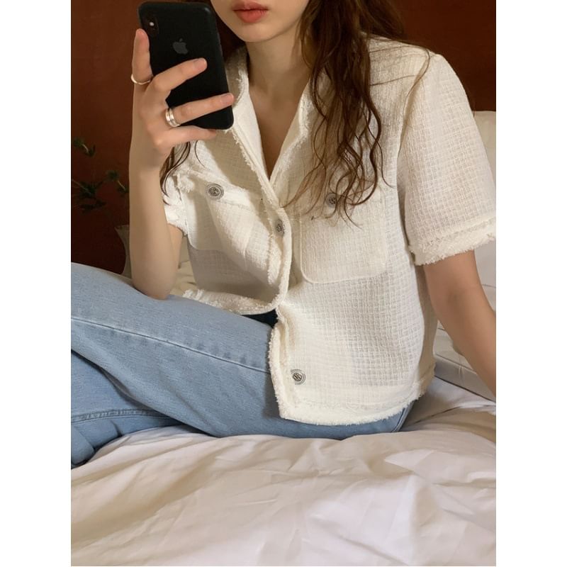 Short-Sleeve Crew Neck Plain Button-Up Tweed Jacket