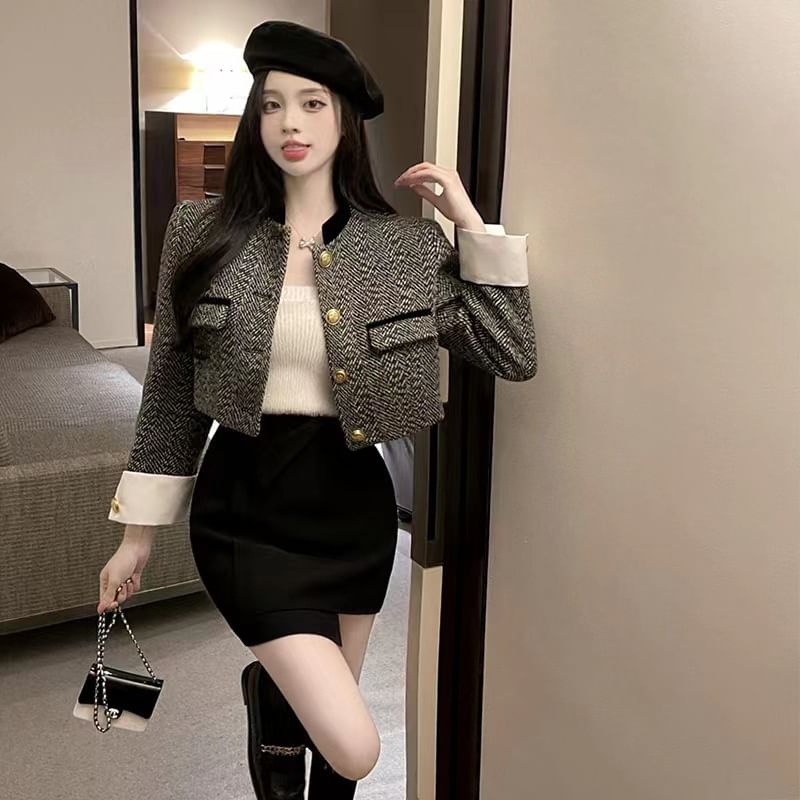 Stand Collar Herringbone Crop Button Jacket