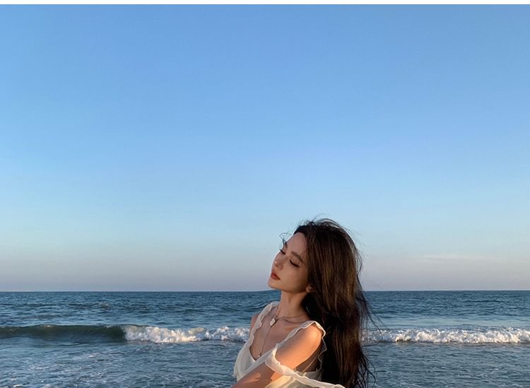 Sleeveless Cowl Neck Plain Ruffle Buckled Asymmetrical Maxi A-Line Dress