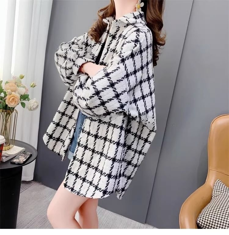 Collar Plaid Tweed Button Shacket