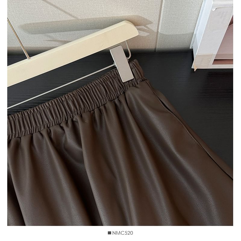 Elastic Waist Faux-Leather Flare Skirt