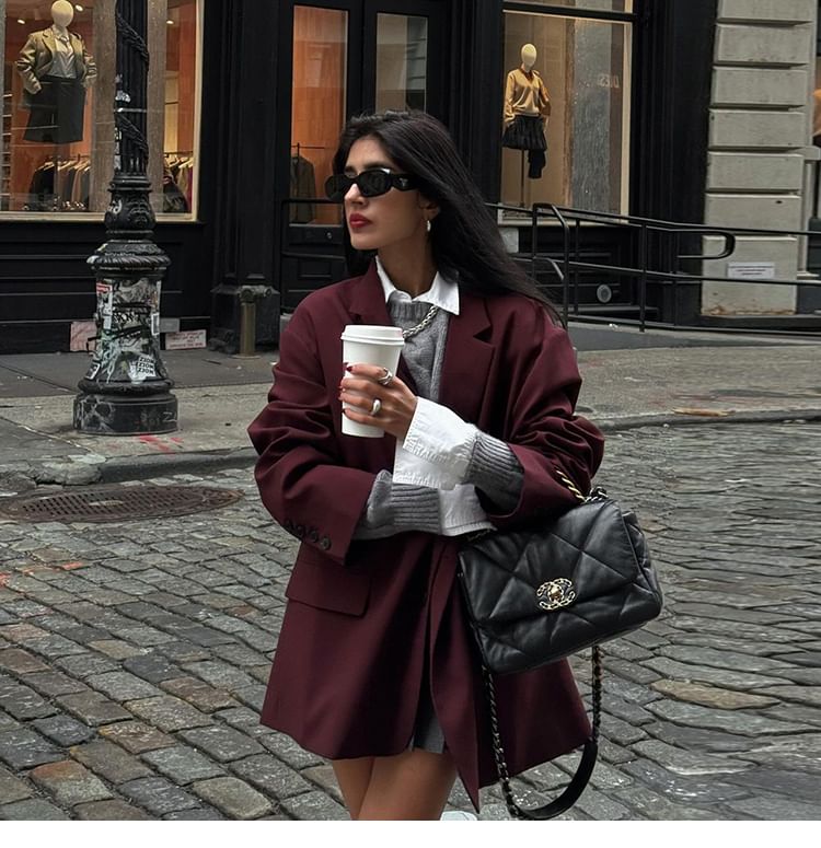 Notched-Lapel Blazer with Mock Two-Piece Sweater and Mini Pleated Skirt Set