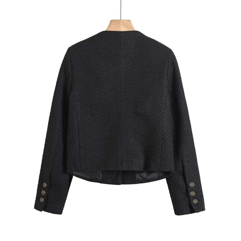 Round Neck Plain Tweed Button Jacket