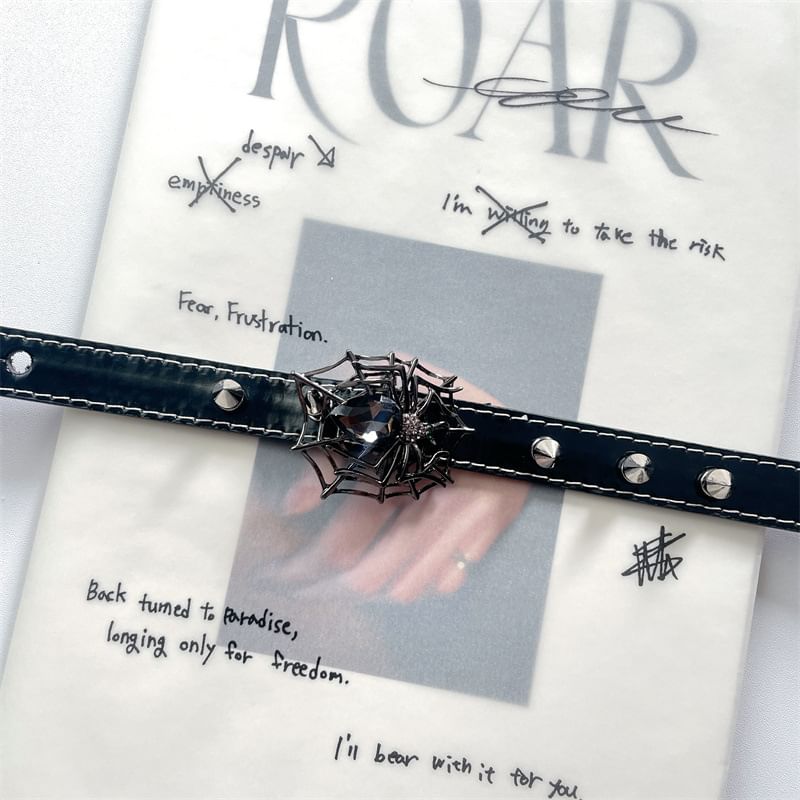 Faux Spike Spiderweb Stud Leather Choker