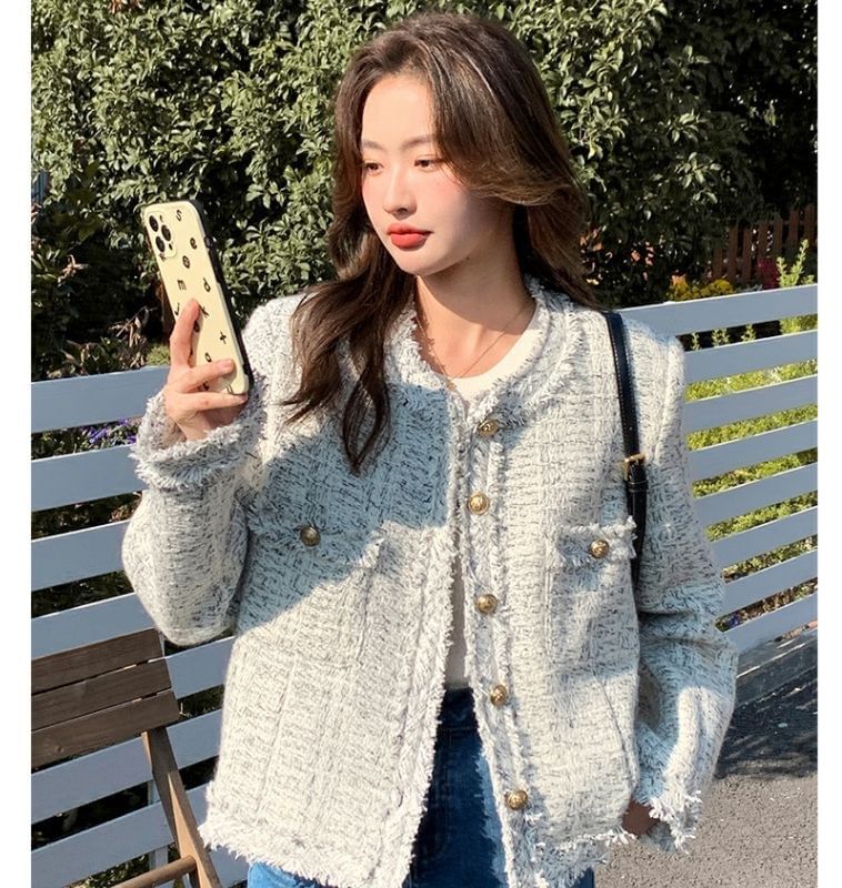 Crew Neck Frayed Button-Up Tweed Jacket