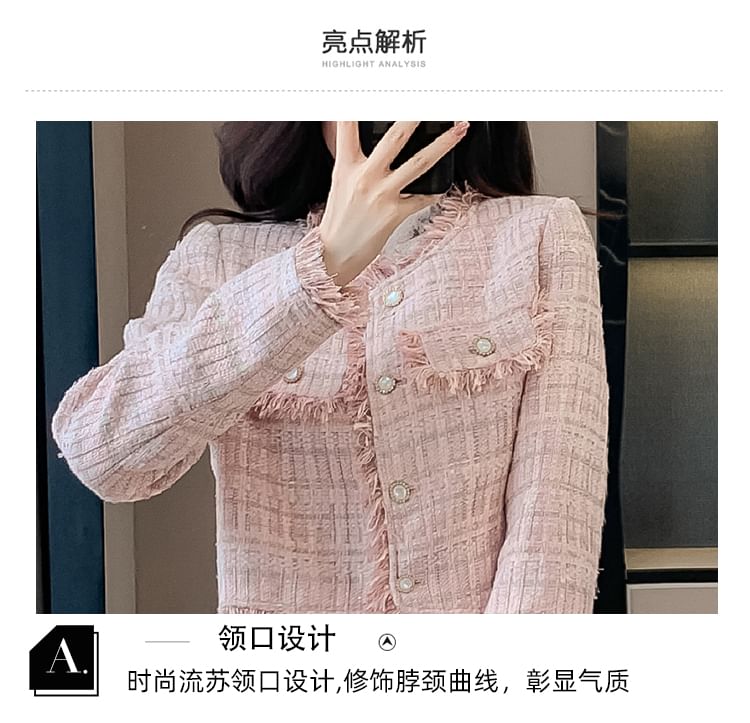 Set: Band Collared Tweed Button Jacket + High Waist Plain Mini Pencil Skirt