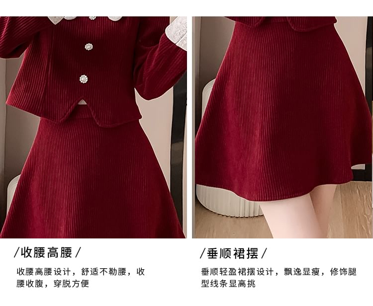 Set: Long-Sleeve Peter Pan Collar Floral Jacquard Panel Frog Buttoned Corduroy Crop Blouse + High Rise Plain Mini A-Line Skirt